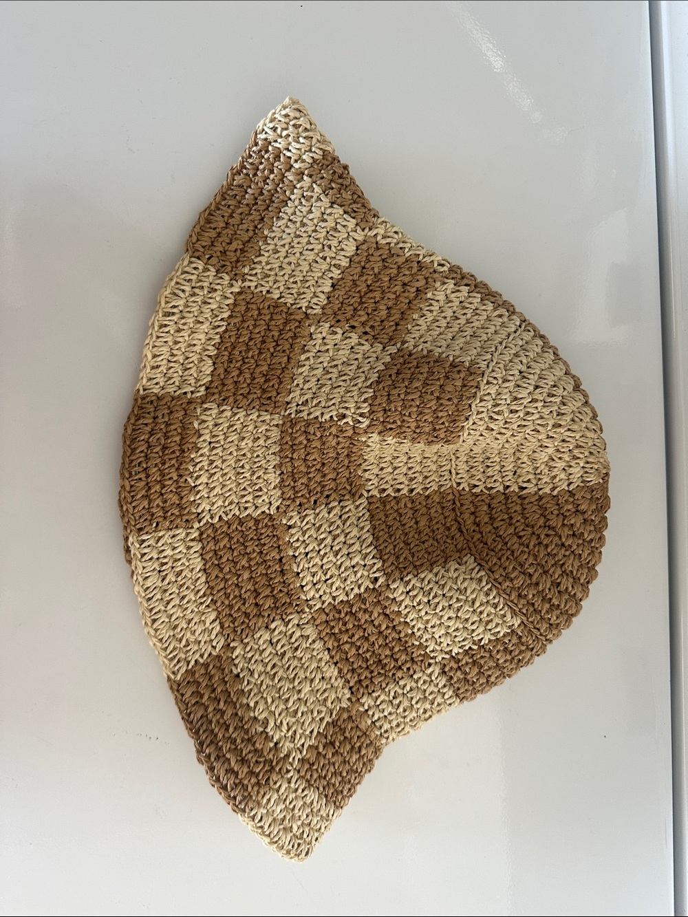 Brand new w/o tags Handwoven Checkered Straw Bucket Hat, Two-Tone Natural Brown